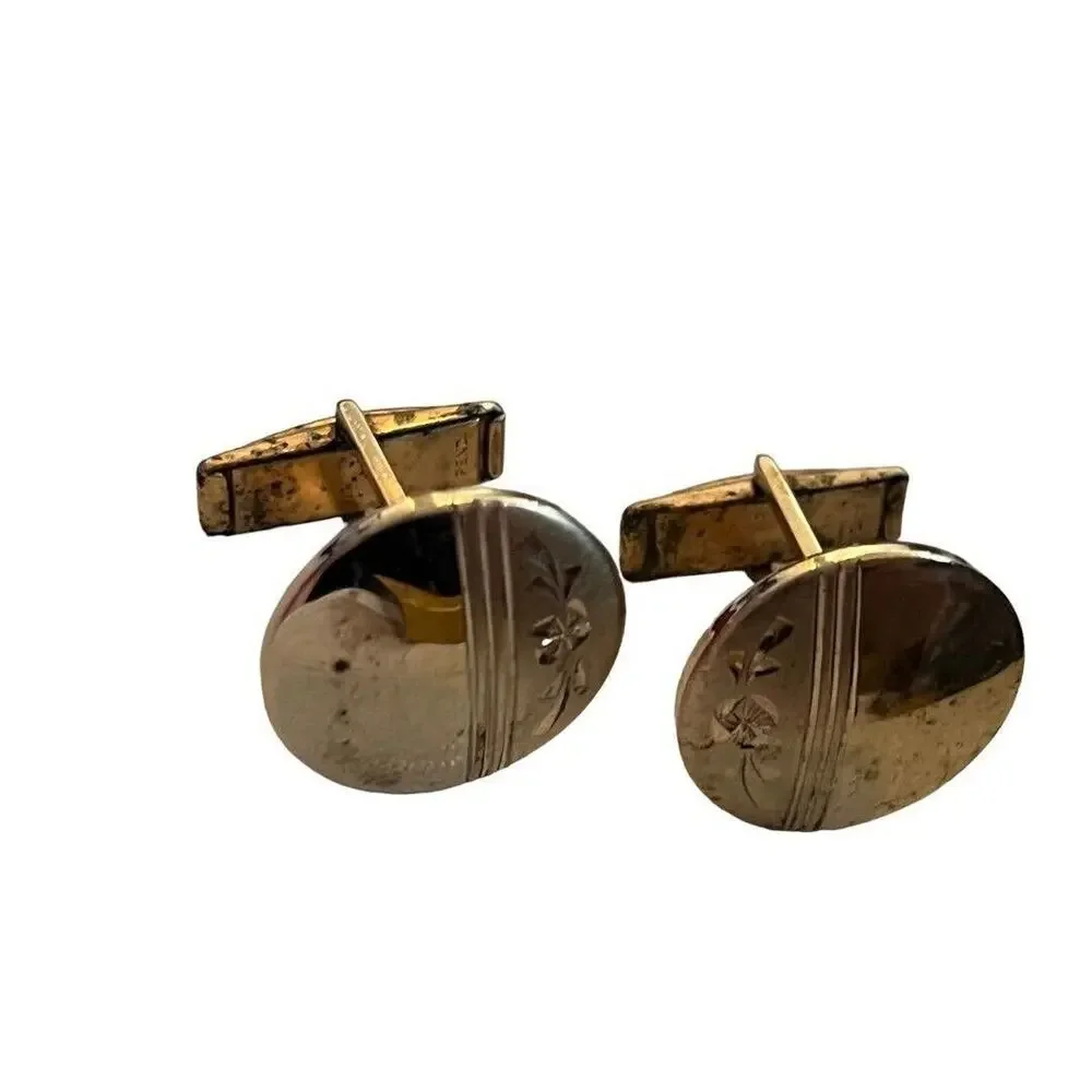Vintage Gold Tone Floral Etched Round Cufflinks